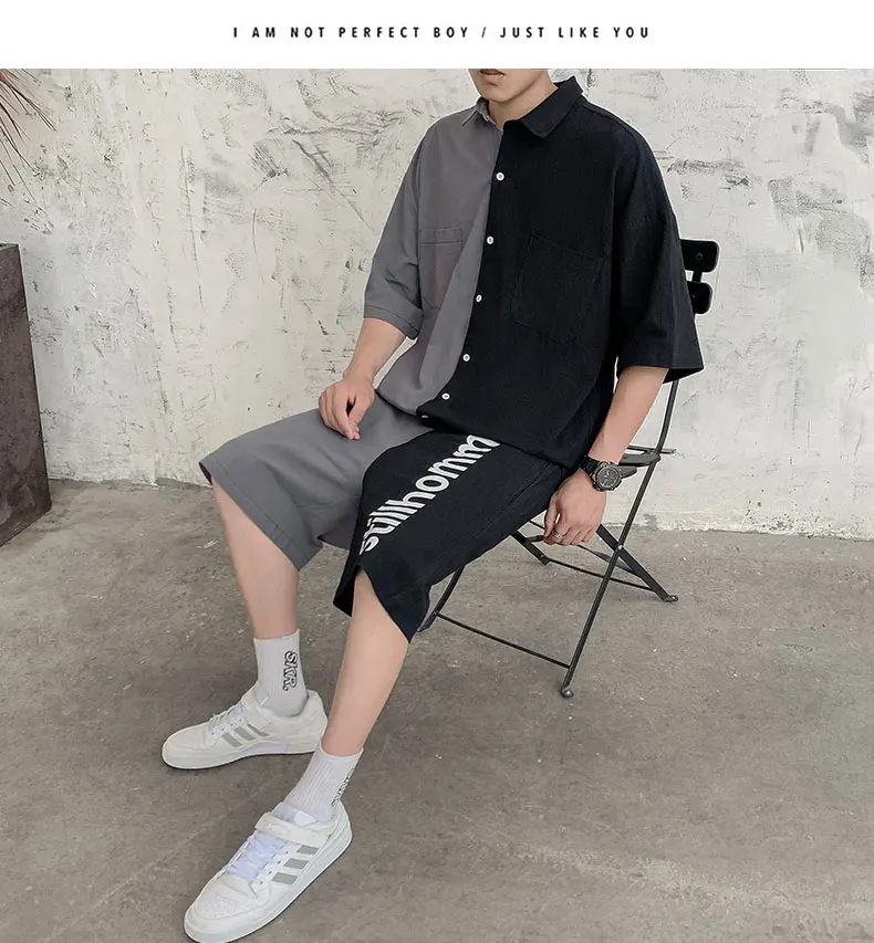 Men's Set Clothing Shirt Shorts Suit Patchwork Pocket Korean Style Summer Oversize Casual Cotton Short Knee-Length Pants Fashion Men's Set Clothing Shirt Shorts Suit Patchwork Pocket Korean Style Summer Oversize Casual Cotton Short Knee-Length Pants Fashion