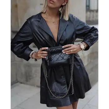 Female Sexy V-neck PU Leather Black Jacket Long Sleeves Belted Casual Hight Street Jackets Women Autumn Spring Loose Outerwear
Female Sexy V-neck PU Leather Black Jacket Long Sleeves Belted Casual Hight Street Jackets Women Autumn Spring Loose Outerwear