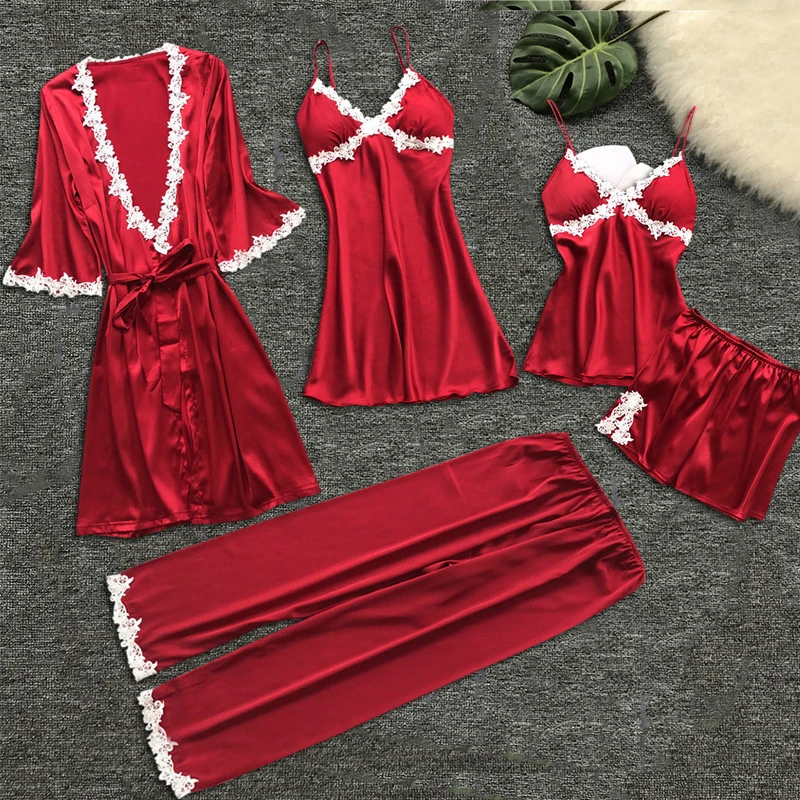 5 Pieces Women Sexy Pajamas Silk Satin Pajamas Autumn Spring Elegant Lace Nightwear large Size Sleep Lounge
5 Pieces Women Sexy Pajamas Silk Satin Pajamas Autumn Spring Elegant Lace Nightwear large Size Sleep Lounge