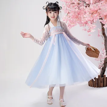 Chinese Style Children Blue Mesh Elegant Princess Dressing Wedding Flower Pink Gown For Girl Vintage V-Neck Performance Gown 
Chinese Style Children Blue Mesh Elegant Princess Dressing Wedding Flower Pink Gown For Girl Vintage V-Neck Performance Gown
