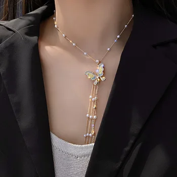 

High Grade Sense Necklace in Love with Xian Qi Diamond Set Butterfly Pearl Tassels Elegant Necklace INS Normcore Style Choker Wo