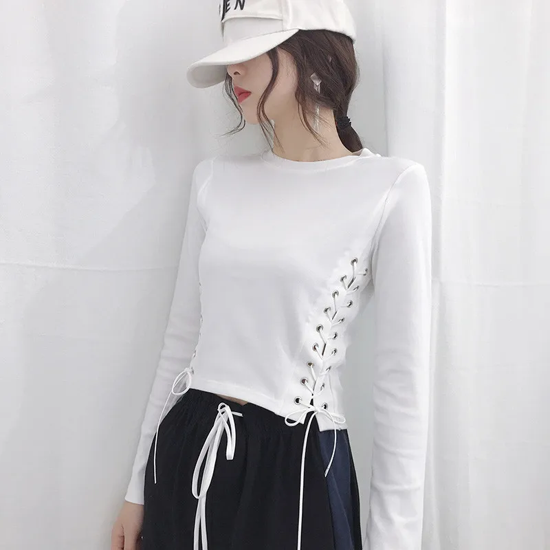 Korean 2019 New Arrival Fashion Summer Womens O-Neck Elasticity Eyelet Bandage Solid Color Short Top Casual Black White T-Shirts 
Korean 2019 New Arrival Fashion Summer Womens O-Neck Elasticity Eyelet Bandage Solid Color Short Top Casual Black White T-Shirts