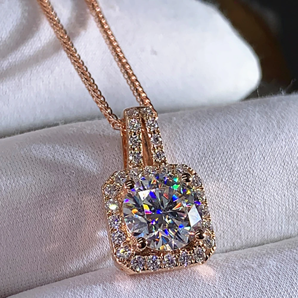 

Custom Solid 14K Rose Gold Women Necklaces Moissanite Diamond 1 2 3 4 5 Carat Round Wedding Anniversary Engagement Party Square