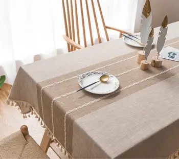 Khaki Table Cloth Dinner Rectangular Antiderapant Tablecloth Home Kitchen Tischdecke Decor Stripe Table Cover Lace Tassel 54x80"