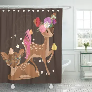 

Cute Woodland Forest Animal Deer Fawn with Flowers Floral Bouquet Wreath Tied Bow and Butterflies Shower Curtains Sets with Hook