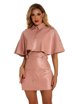 High Quality Pink Cloak Sleeve Two Pieces Set Leather Dress Elegant Party Dress 
High Quality Pink Cloak Sleeve Two Pieces Set Leather Dress Elegant Party Dress
