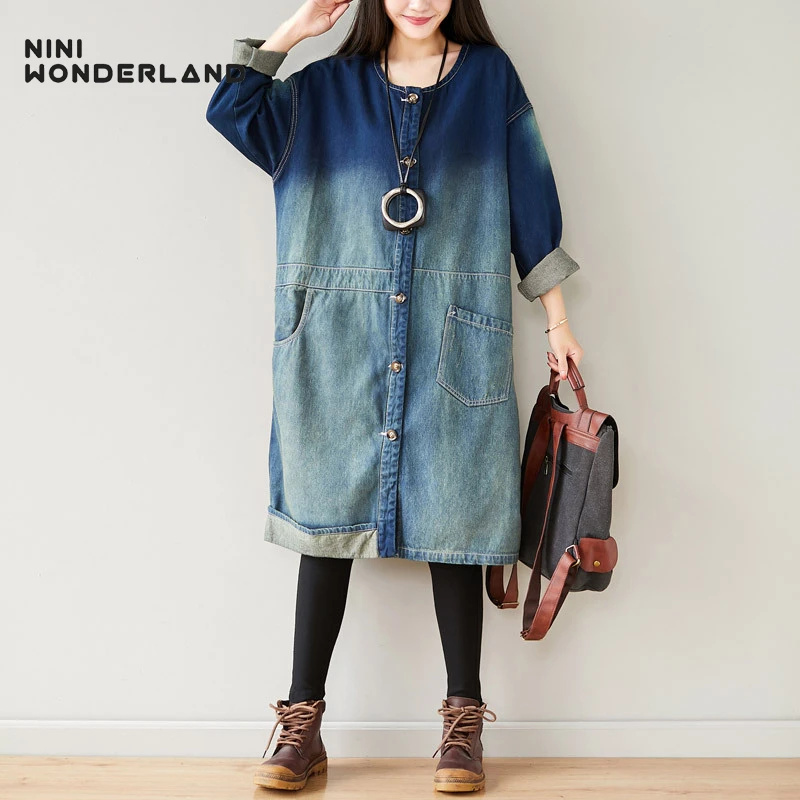 

NINI WONDERLAND 2019 Autumn Denim Trench Coat Women Do Old Cowboy Loose Coat Female Big Size Long Sleeve Cardigan Outerwear