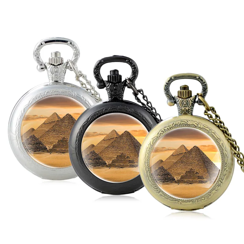 

Antique Classic Egyptian Pyramids Glass Cabochon Quartz Pocket Watch Vintage Men Women Pendant Necklace Chain Hours Clock