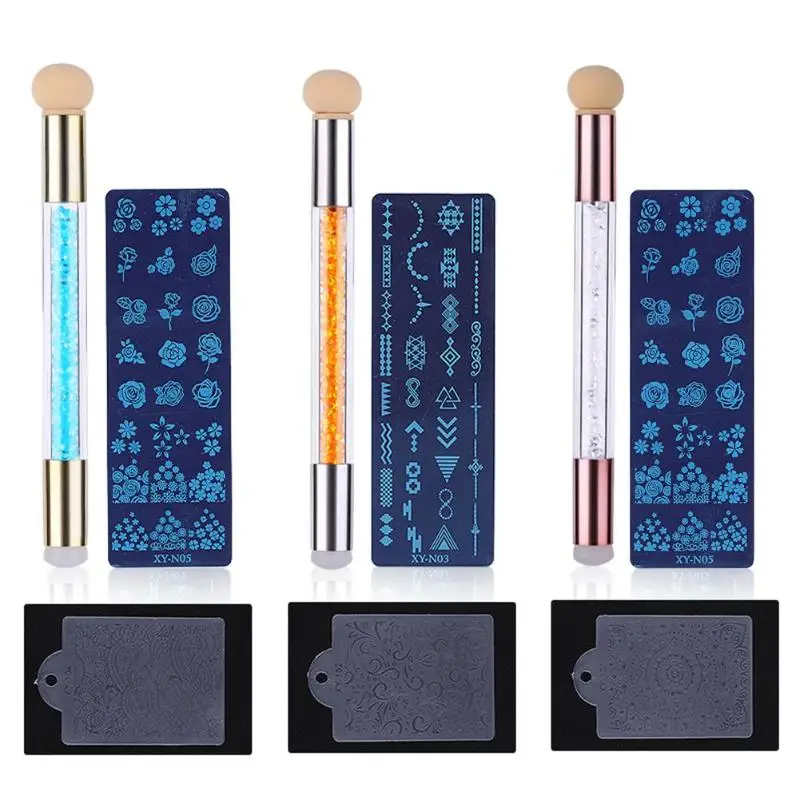 3pcs Nail Printing Template Set Gradual Halo Double-head Sponge Gradient Brush Stamper Pen and Plate Scraper | Красота и здоровье
