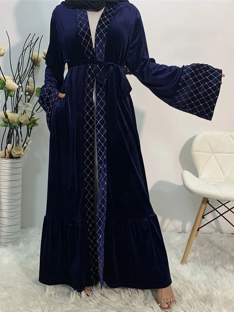 1857#New Arrivals Golden velvet Open Front Abaya Kimono Women - CHAOMENG MUSLIM SHOP