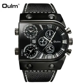 

OULM Sport Watch Men Quartz Analog Clock 3 Time Zone Sub-dials Design Big case Oversize Fashion Black Wrist Watches relogio