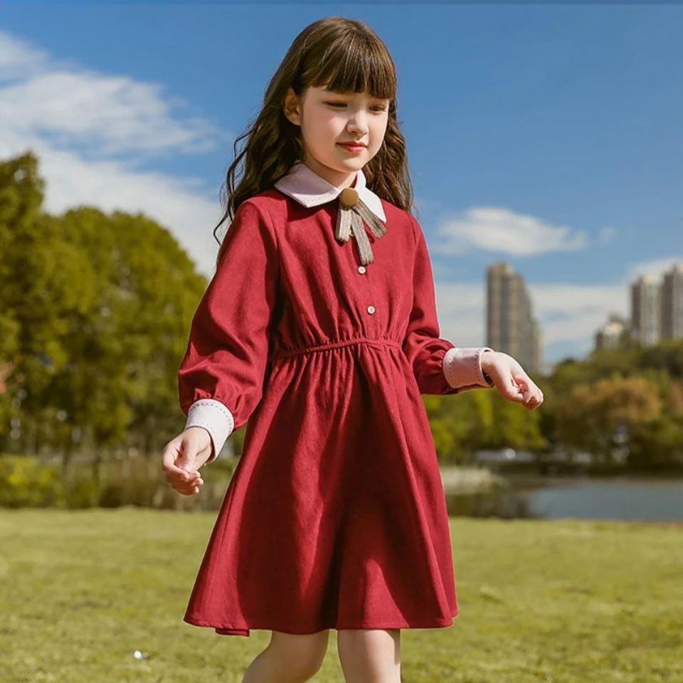 

Teens Girls Spring Dress 2021 New Red Bow Button Blouses Dress for Girls Lantern Long Sleeve Princess Dress for Children Clothes