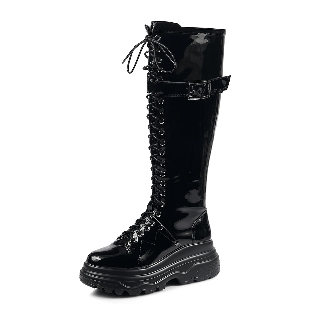 Thick Bottom Cross-tied Patent Leather Flat with Knee-High Motorcycle Boots Round Toe Winter Boots Women Zip Polyurethane Black
Thick Bottom Cross-tied Patent Leather Flat with Knee-High Motorcycle Boots Round Toe Winter Boots Women Zip Polyurethane Black