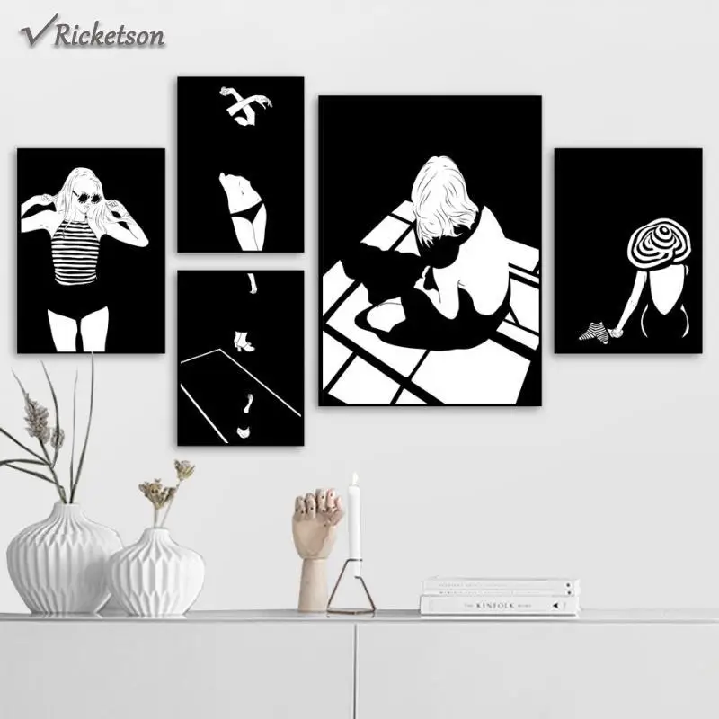 

Fashion Girl Silhouette Figure Wall Art Canvas Painting Nordic Posters and Prints Black White Pictures for Living Room Decor