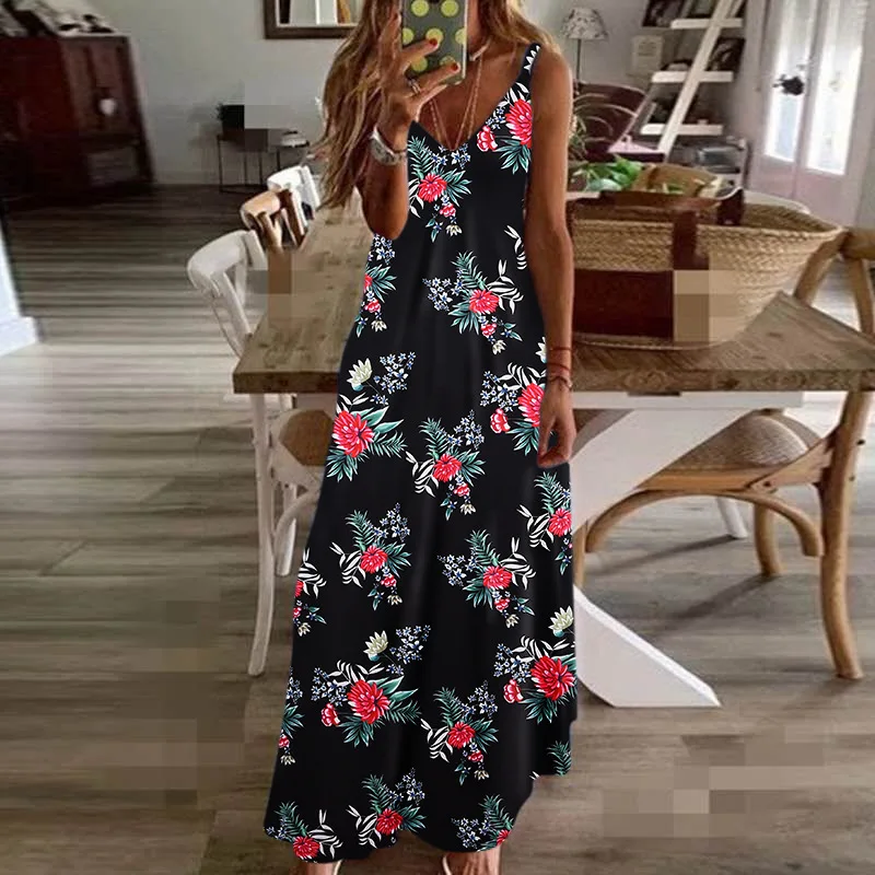 Sexy Maxi Dresses For Women Boho Print V-Neck Floral Sundresses Women Sleeveless Plus Size Dresses For Women 4xl 5xl Summer 2020