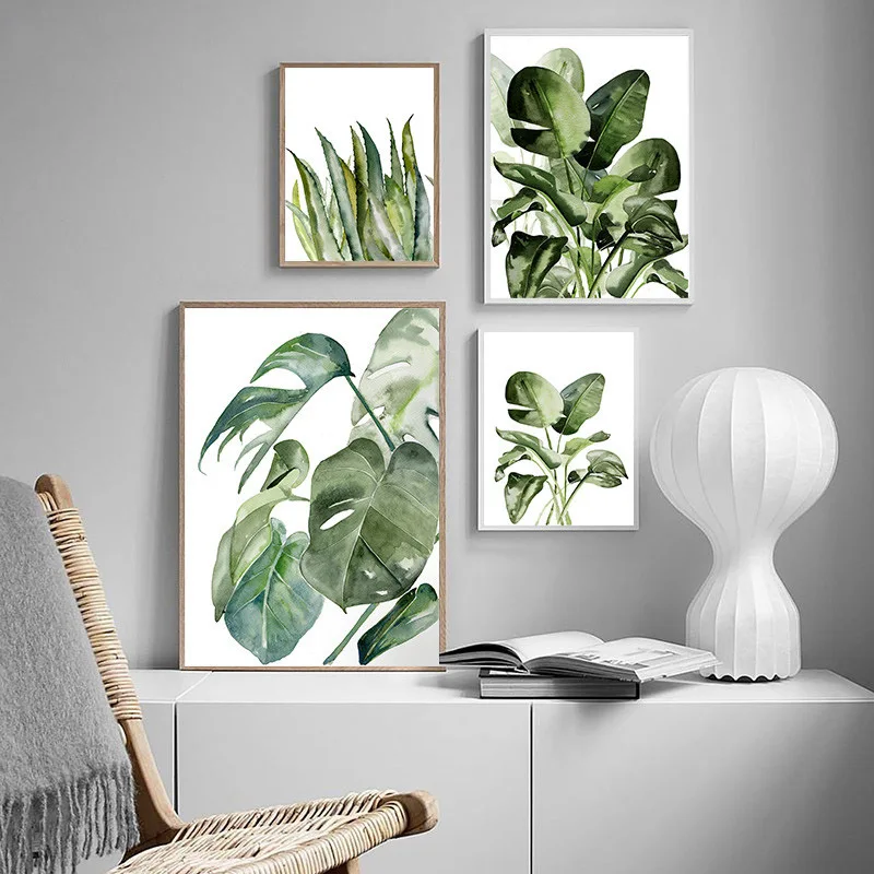 

Watercolor Tropical Plant Minimalist Art Canvas Poster Print Painting Botainical Green Leave Wall Picture Modern Home Decor