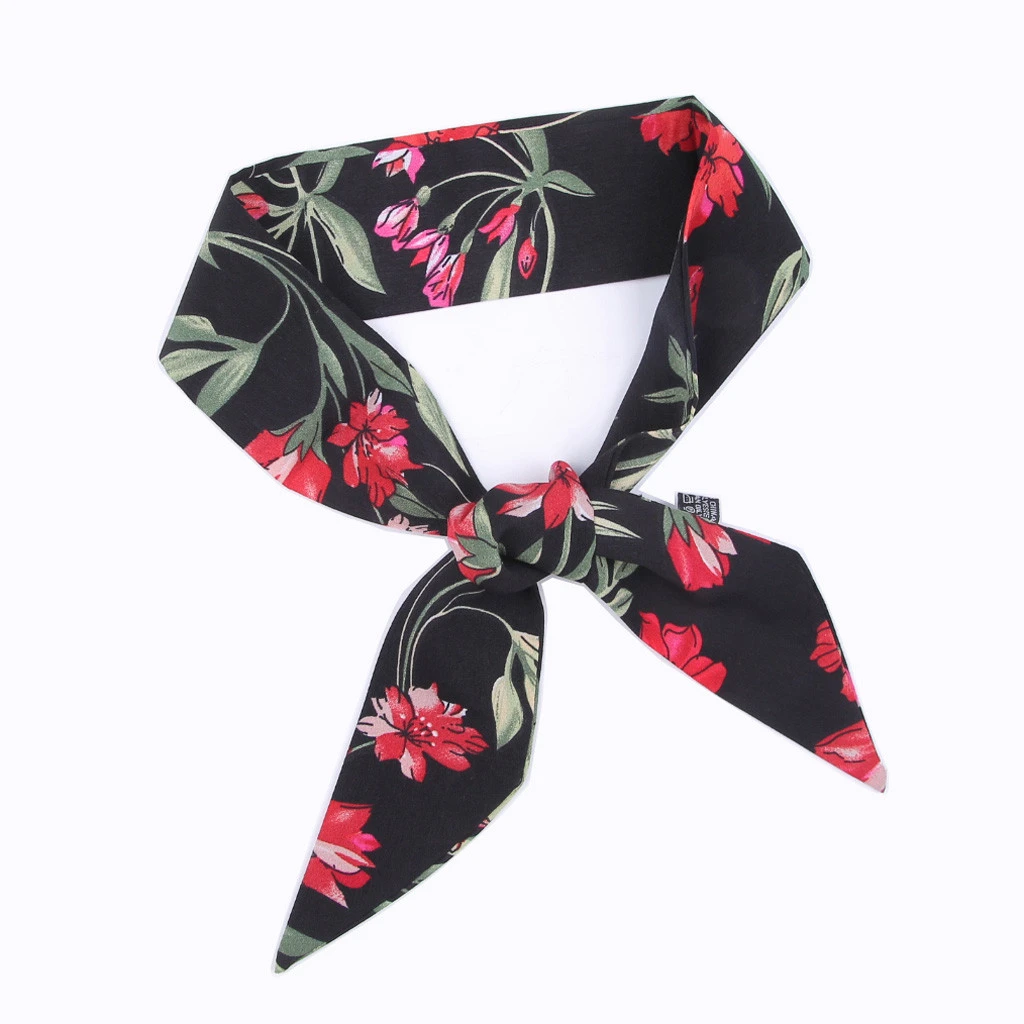 Square Scarf Hair Tie Band Flower Printing Business Party Women Elegant Small Vintage Skinny Retro Head Neck Scarf 919
