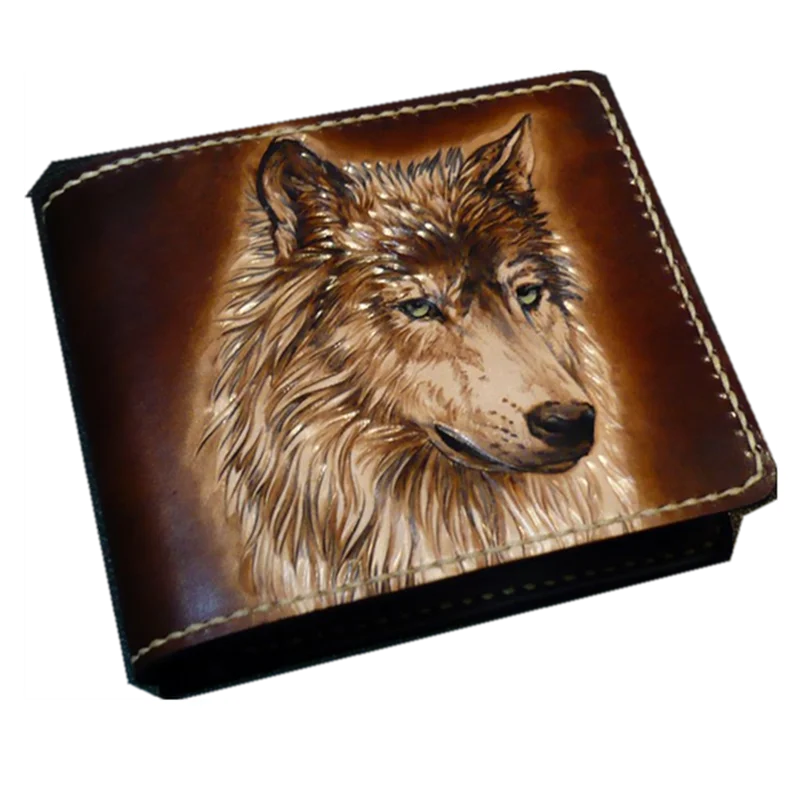 

Hand Engraving Short Brown Cow Leather Hand Carved Wolf Wallets Purses Men Clutch Vegetable Tanned Leather Wallet Card Holder