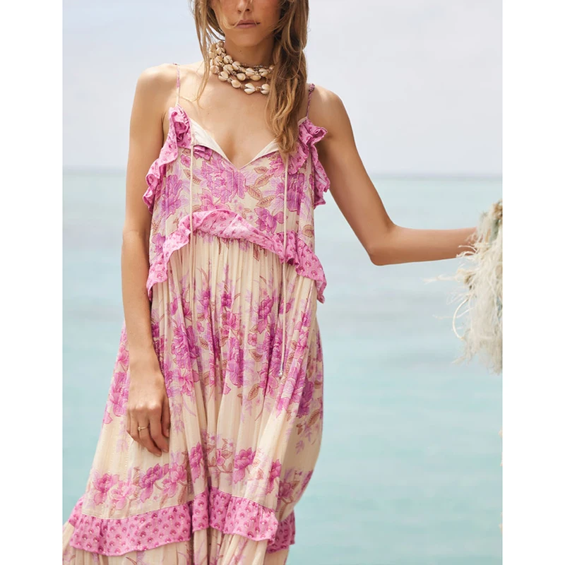 Женское платье на бретельках boho летнее винтажное шикарное с цветочным принтом