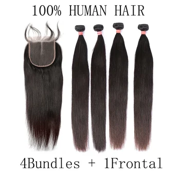 

Linksbeauty Straight 8- 28 30 32 34 Inch 4 Brazilian Hair Weave Bundles With 4X4 Lace Closure Frontal Remy Human Hair wigs