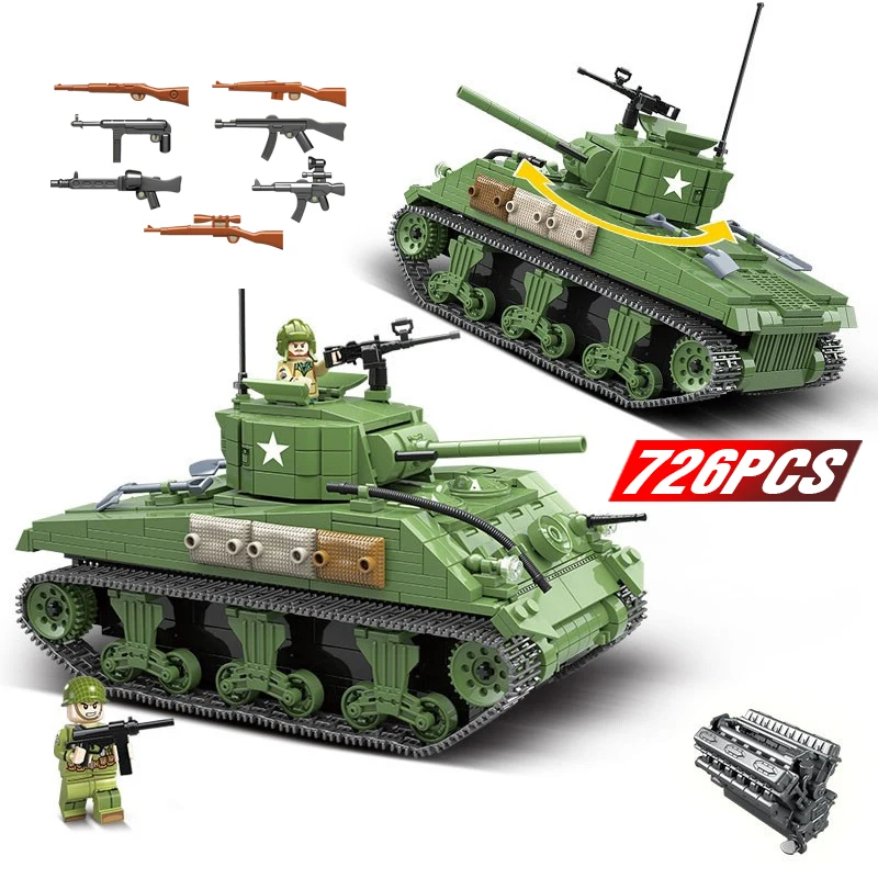 726PCS War Military Building Blocks Legoing WW2 Tank World Sherman M4A1 Tank Army Soldiers Figures Blocks Toys for Boys Children
726PCS War Military Building Blocks Legoing WW2 Tank World Sherman M4A1 Tank Army Soldiers Figures Blocks Toys for Boys Children