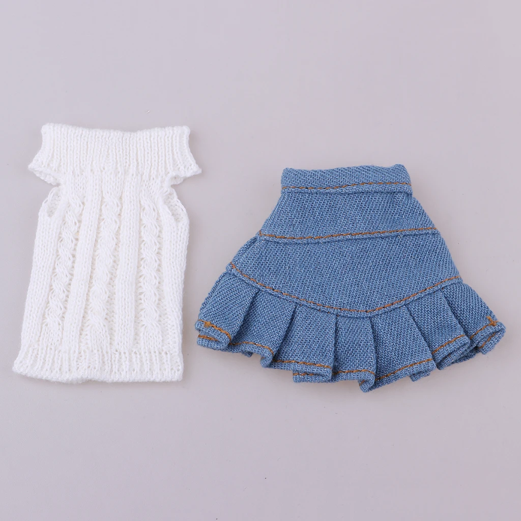 Stylish 2pcs Clothes Suit for 1/6 Blythe Licca OB Girl My Life Dolls Knit Sweater Denim Skirt White & Blue Stylish 2pcs Clothes Suit for 1/6 Blythe Licca OB Girl My Life Dolls Knit Sweater Denim Skirt White & Blue