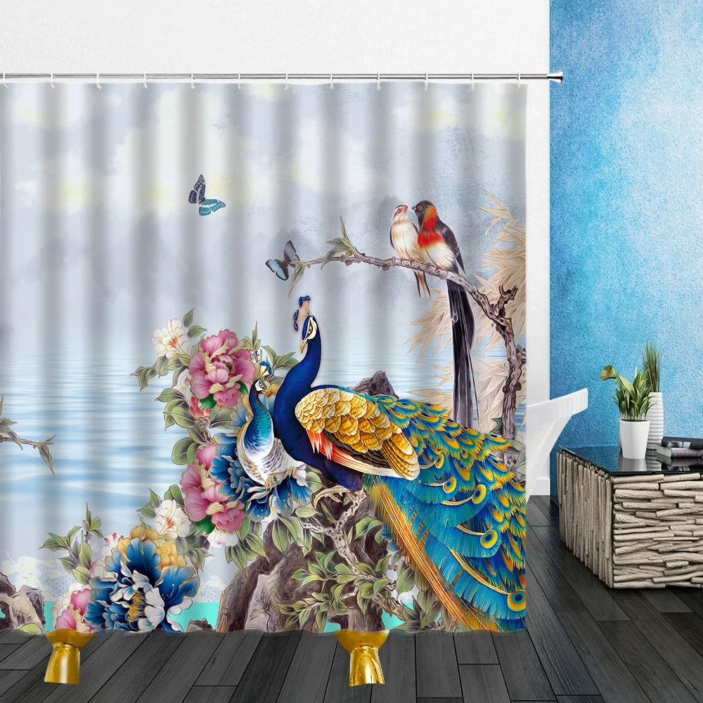 

Beautiful Peacock Shower Curtains Spring Landscape Painting Watercolor Bird Pattern Print Bathroom Decor Cloth Curtain with Hook