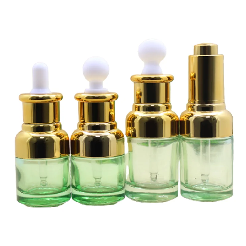 

15Pcs 30ml 20ml Empty Essential Oil Vials White Top Gold Ring Cosmetic Packaging Green Glass Essence Dropper Bottles