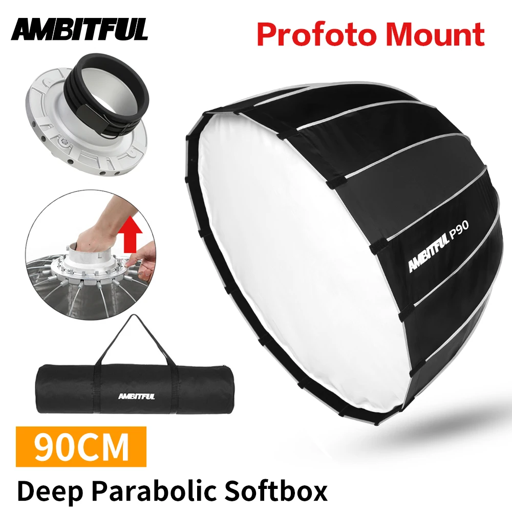 AMBITFUL Portable P90 90CM Quickly Fast Installation Deep Parabolic Softbox Profoto Mount Flash Reflector Studio Softbox
AMBITFUL Portable P90 90CM Quickly Fast Installation Deep Parabolic Softbox Profoto Mount Flash Reflector Studio Softbox