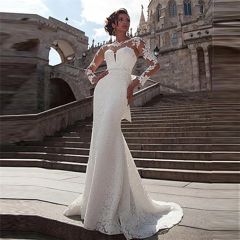 Long Sleeves Lace Mermaid Wedding Dress Petite With Bowknot Back Buttons Bridal Gowns 2021 Vintage Bride Dress Slim Fitted
Long Sleeves Lace Mermaid Wedding Dress Petite With Bowknot Back Buttons Bridal Gowns 2021 Vintage Bride Dress Slim Fitted