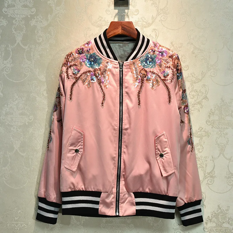 Spring autumn women's casual baseball jackets high quality beading embroidery jackets coat B192 
Spring autumn women's casual baseball jackets high quality beading embroidery jackets coat B192