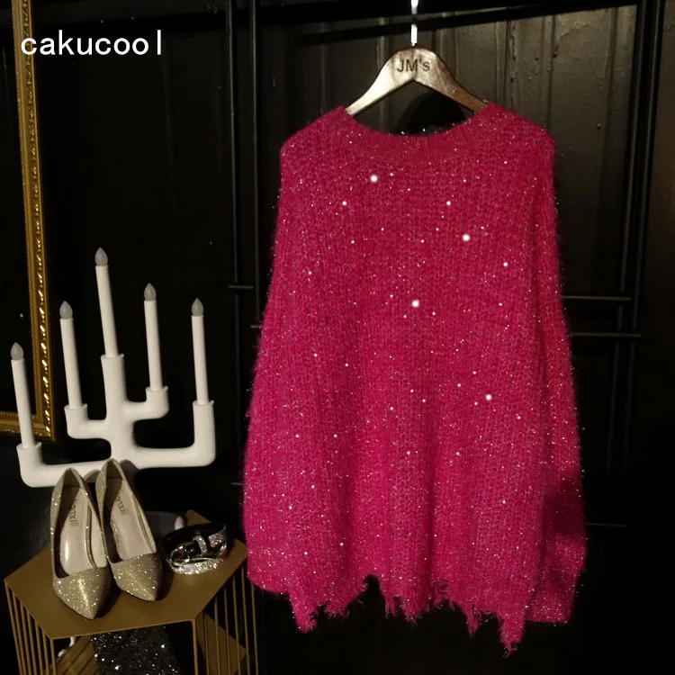 Cakucool для женщин блестящие свитер из люрекса Bling свободные розовый с круглым
