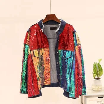 New fashion denim outerwear women s European station new heavy industry rainbow Sequin loose jacket
New fashion denim outerwear women s European station new heavy industry rainbow Sequin loose jacket