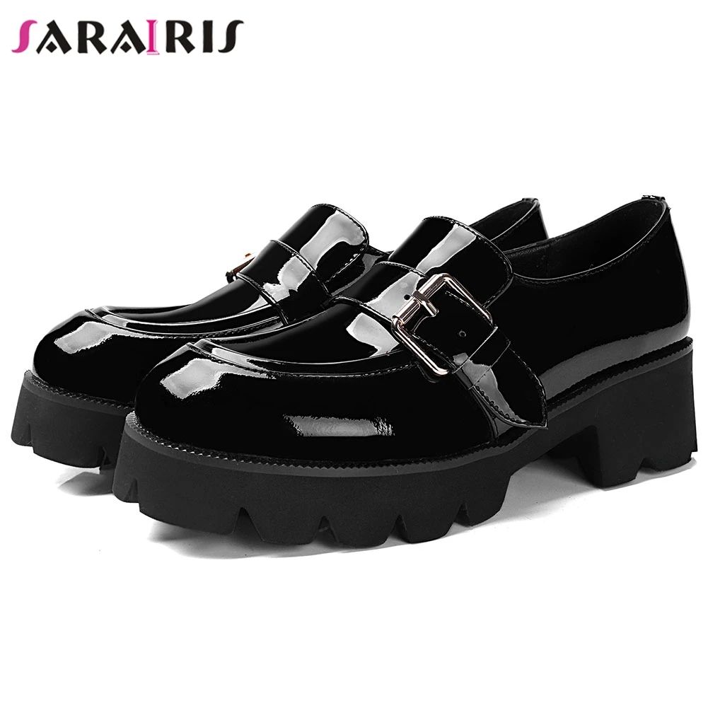 SARAIRIS Brand Elegant Female Chunky Heels Buckle Belt Flats Spring Platform Flats Women Geuine Leather Patent Shoes Woman
