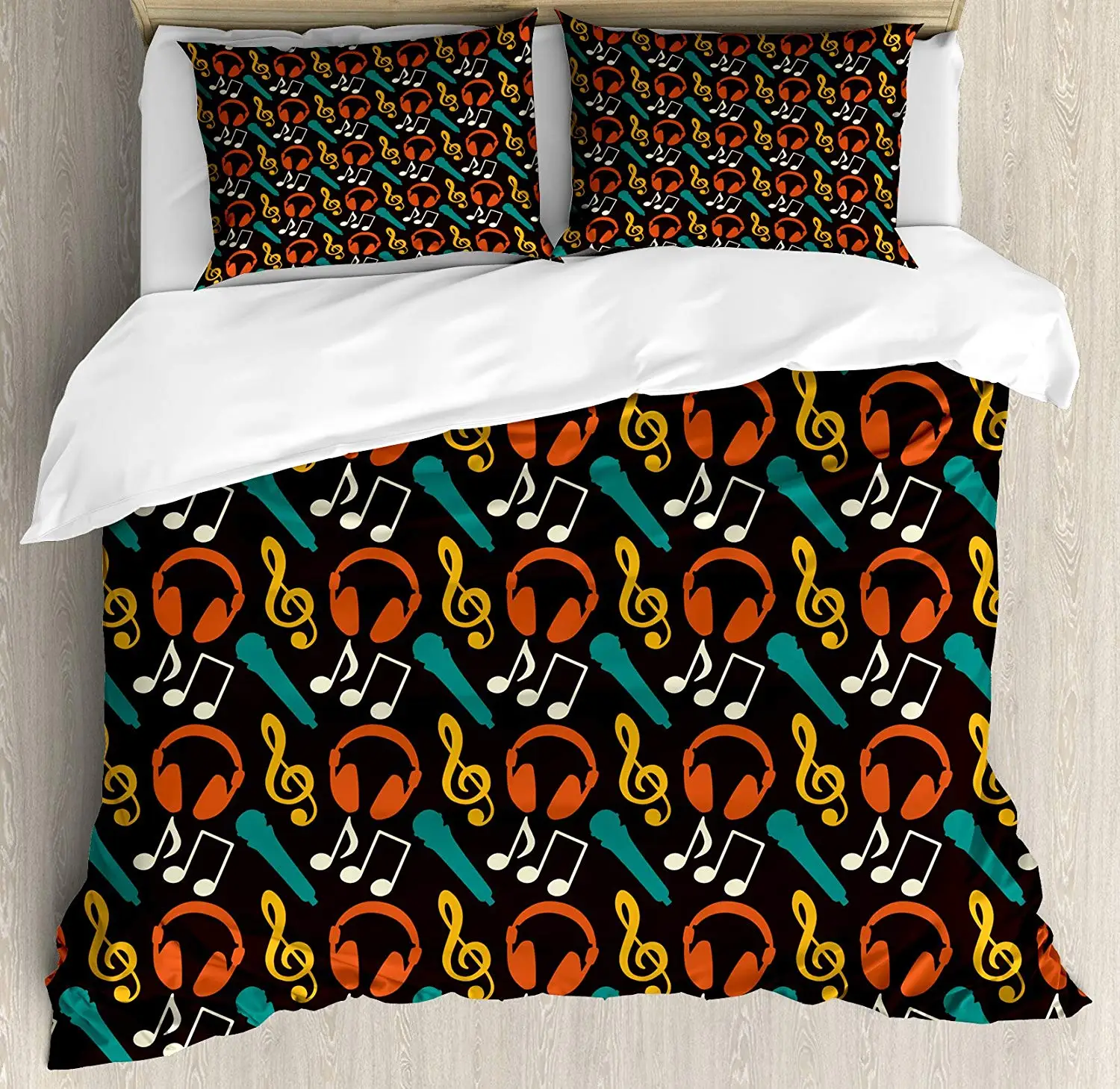 Music Duvet Cover Set Notes and DJ Headphones Pop Art Style Retro Sound Melody Rhythm Pitch Beats Graphic Decorative 3 Piece Bed | Дом и сад