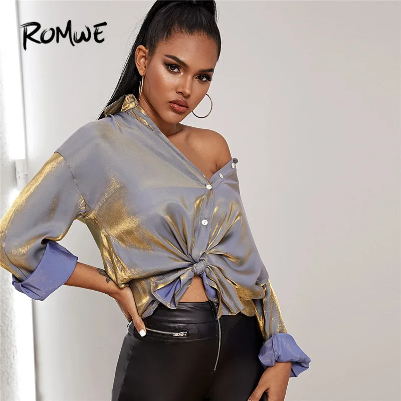 ROMWE Button Front Drop Shoulder Metallic Womens Tops and Blouses Spring Streetwear Long Sleeve Blouse Oversize Long Ladies Tops
ROMWE Button Front Drop Shoulder Metallic Womens Tops and Blouses Spring Streetwear Long Sleeve Blouse Oversize Long Ladies Tops