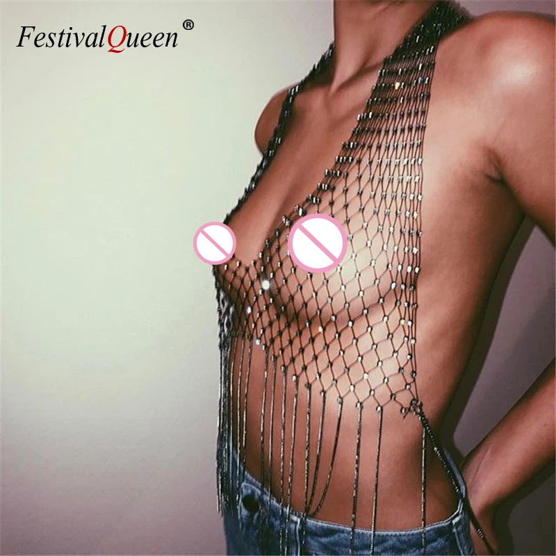 

FestivalQueen Shiny Rhinestones Fishnet Grid Crop Top Sexy Deep V Neck See Through Diamond Hollow Link Chain Tassels Tank Top Pa