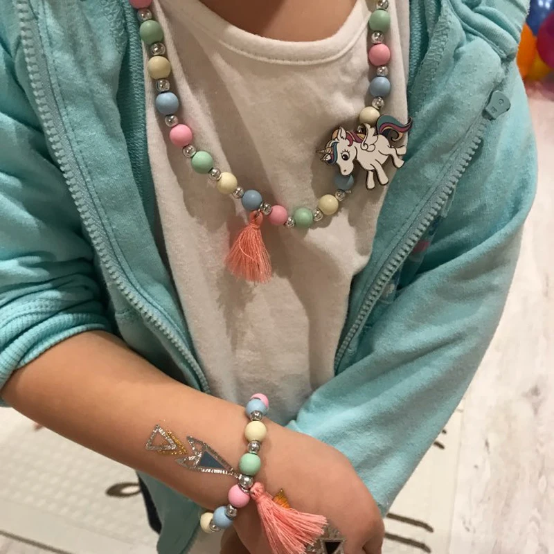 Милый единорог мультфильм цветок Детский свитер ожерелье браслет для детей