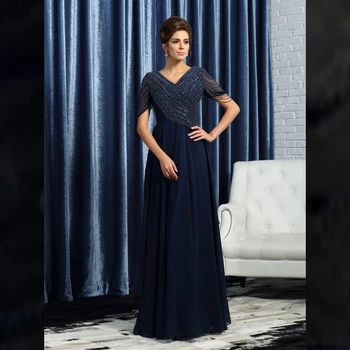 Latest Unique Dark Navy Chiffon V Neckline Mother of the Bride Dresses With Short Sleeves Sequins Wedding Party Gowns 2020 
Latest Unique Dark Navy Chiffon V Neckline Mother of the Bride Dresses With Short Sleeves Sequins Wedding Party Gowns 2020