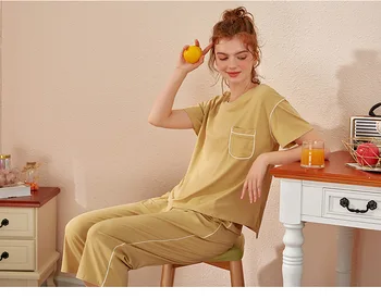 Summer european style simple solid short sleeved pajama sets for women breathable comfortable female home lounge wear clothes
Summer european style simple solid short sleeved pajama sets for women breathable comfortable female home lounge wear clothes
