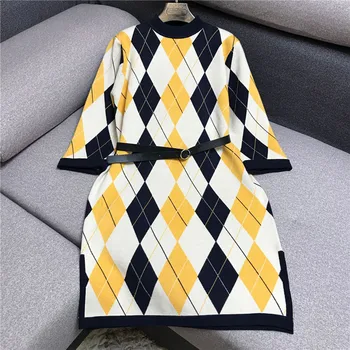 Luxury Designer Brand Knitted Dress for Women Vintage O Neck Diamond Lattice Long Sleeve Knitted Dress WITH Belt 
Luxury Designer Brand Knitted Dress for Women Vintage O Neck Diamond Lattice Long Sleeve Knitted Dress WITH Belt
