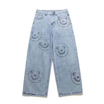 Vintage Washed Jeans Women Cartoon Smile Print Jeans Fashion Wide Leg Pants Loose High Waist Pants Cotton Distressed Jeans 
Vintage Washed Jeans Women Cartoon Smile Print Jeans Fashion Wide Leg Pants Loose High Waist Pants Cotton Distressed Jeans