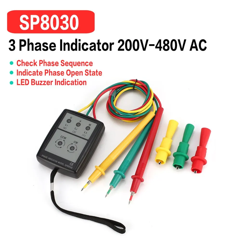 SP8030 3 Phase Rotation Tester Digital Phase Indicator Detector LED Buzzer Phase Sequence Meter Voltage Tester 200V-480V AC
SP8030 3 Phase Rotation Tester Digital Phase Indicator Detector LED Buzzer Phase Sequence Meter Voltage Tester 200V-480V AC