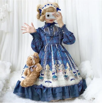 

Lolita Sweet Palace Princess Lolita Dress Long Sleeve Stand Collar Printing Victorian Dress Op Loli Lol Ruffle Dresses Headband