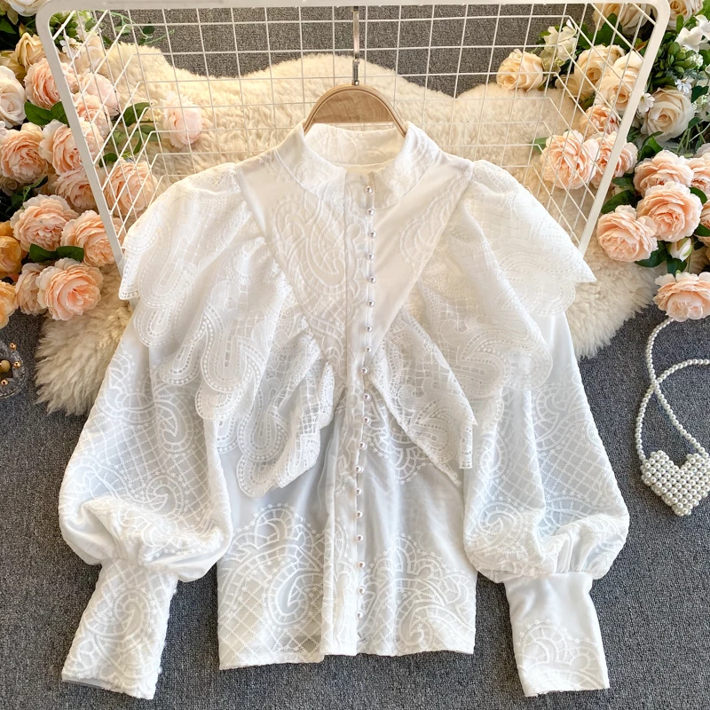 

Fashion Autumn Ruffles White Shirt Top Women Embroidery Stand Collar Lace Patchwork Chiffon Blouses for Female
