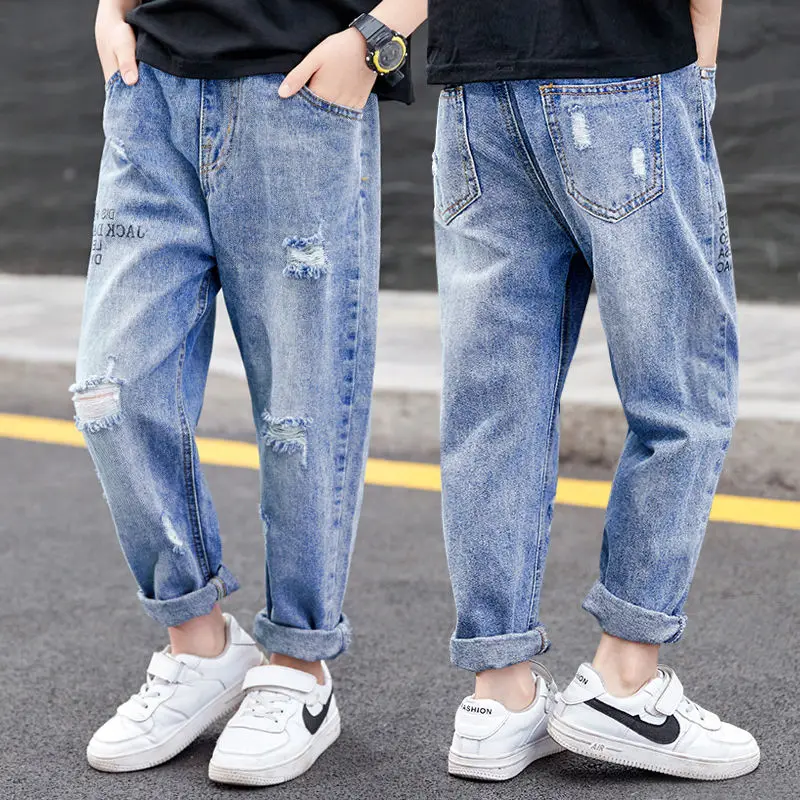 

New Spring and Autumn Children Clothing Ripped Hole Casual Jeans Pants Kids Boys Loose Denim Trousers Teenage for Baby Boy C80