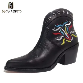Prova Perfetto Embroidery Boots For Women Sexy Pointy Toe Black Boots Woman Runaway Chunky Heels Ankle Boots Botines Mujer 2019
Prova Perfetto Embroidery Boots For Women Sexy Pointy Toe Black Boots Woman Runaway Chunky Heels Ankle Boots Botines Mujer 2019