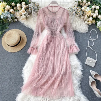 FTLZZ Sweet Lace Patchwork Mesh Dress Elegant Women Long Sleeve Pleated Mid-calf Dress Spring Autumn Female Vestido
FTLZZ Sweet Lace Patchwork Mesh Dress Elegant Women Long Sleeve Pleated Mid-calf Dress Spring Autumn Female Vestido