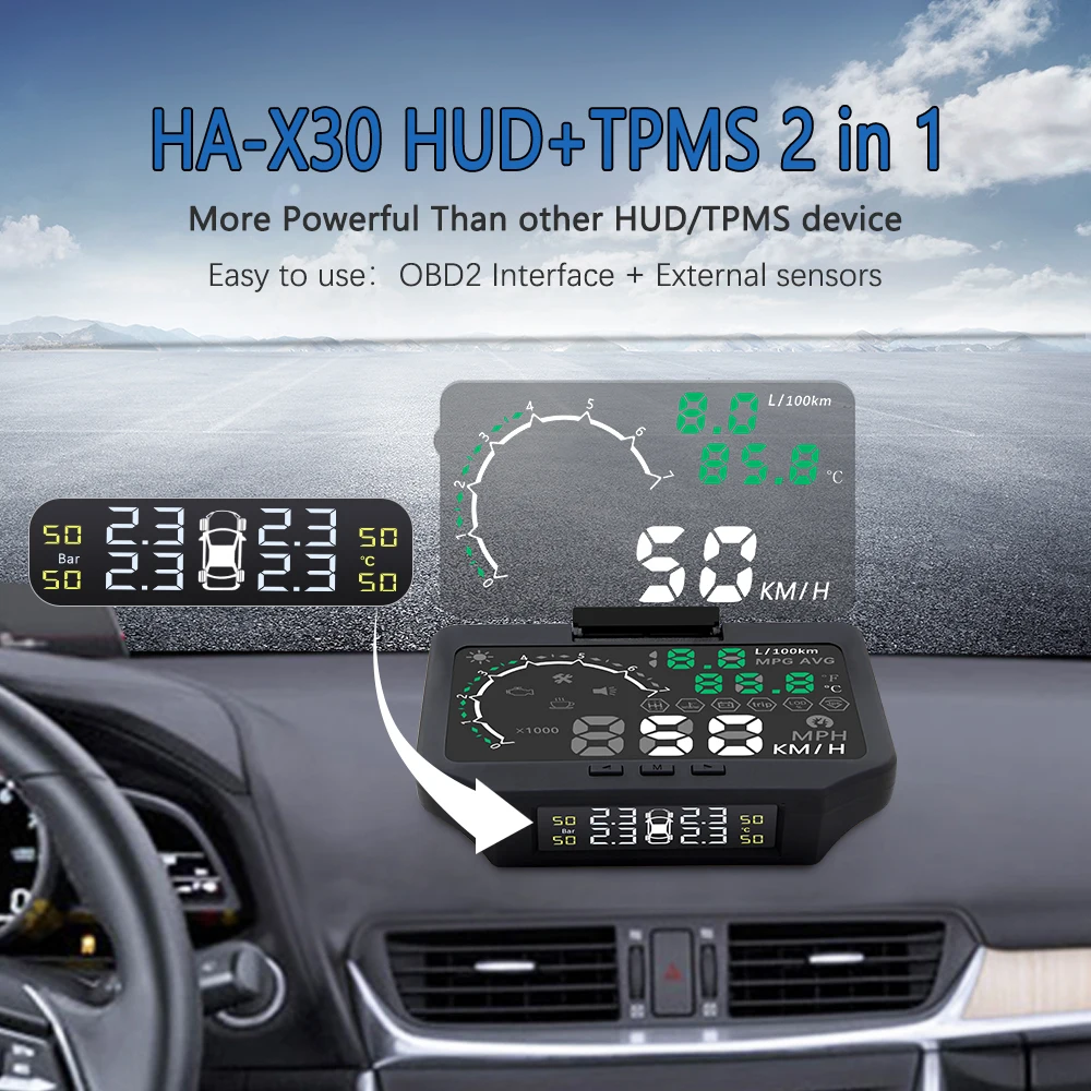 HA-X30 Head Up Display HUD + TPMS 2 in 1 OBD OBD2 Car Display Tire Pressure Monitoring System Bluetooth Sensors TPMS with HUD
HA-X30 Head Up Display HUD + TPMS 2 in 1 OBD OBD2 Car Display Tire Pressure Monitoring System Bluetooth Sensors TPMS with HUD
