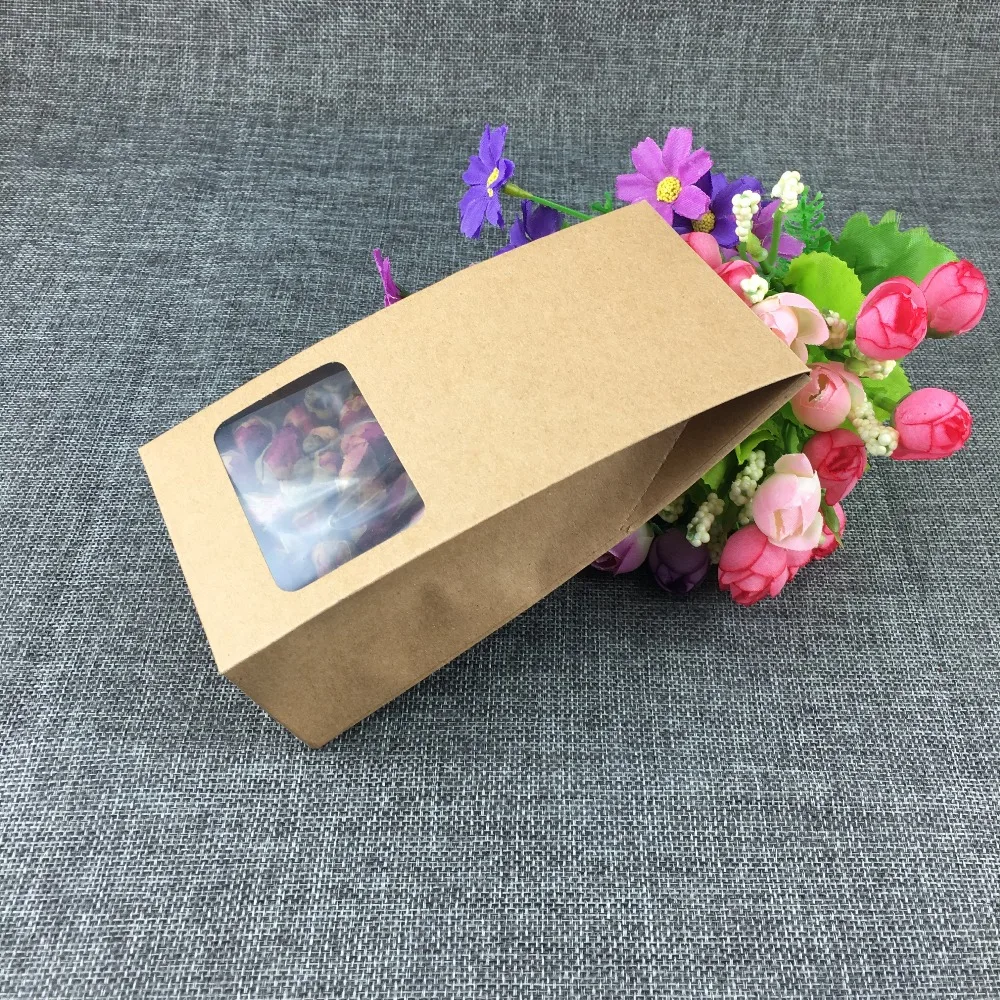 

16x8x5cm100Pcs/ Lot Stand Up Kraft Paper Handle Package Box With Clear Window Party Gift Doypack Craft Paper Box